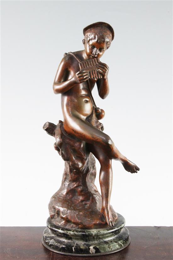 A late 19th / early 20th century French patinated bronze model figure of Pan, 13in.